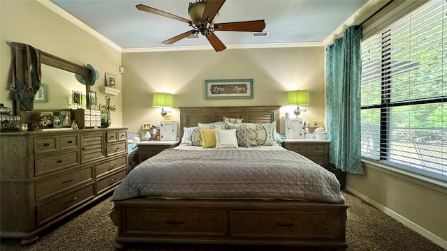 bedroom with dark colored carpet, visible vents, ornamental molding, baseboards, and ceiling fan