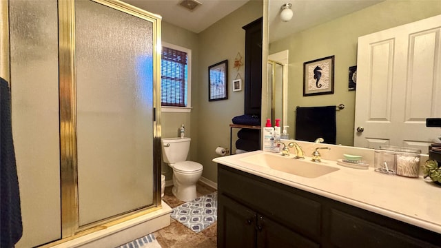 full bath featuring a shower stall, visible vents, toilet, and vanity