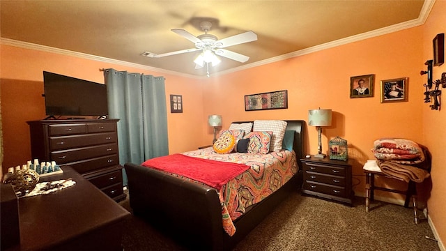 carpeted bedroom featuring a ceiling fan, crown molding, and visible vents