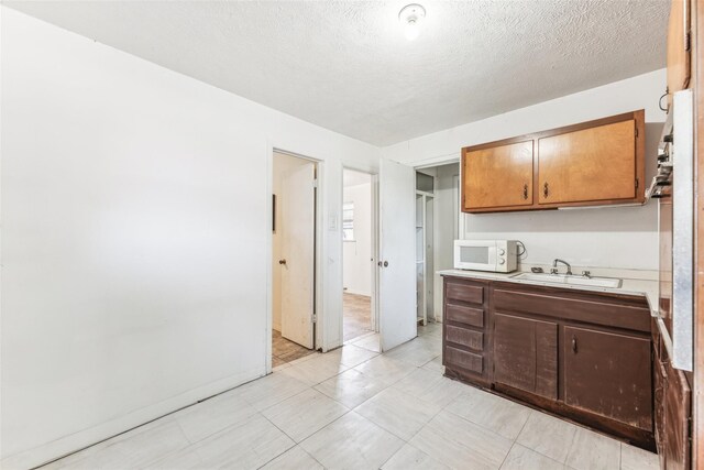 3055 Midway Rd, Grapevine, TX 76092 - kitchen with light countertops, a textured ceiling, white microwave, and a sink