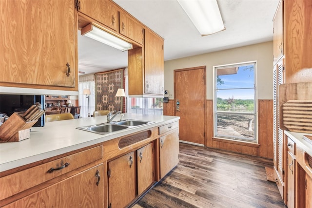 3055 Midway Rd, Grapevine, TX 76092 - kitchen with brown cabinets, wood finished floors, a sink, and light countertops
