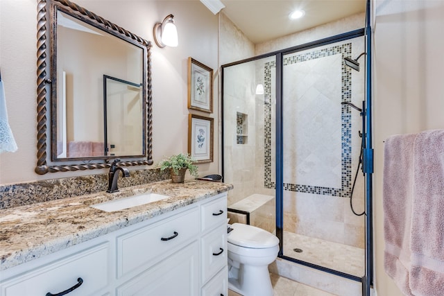 6100 Old Clarksville Rd, Reno, TX 75462 - full bath with vanity, toilet, a stall shower, and tile patterned floors