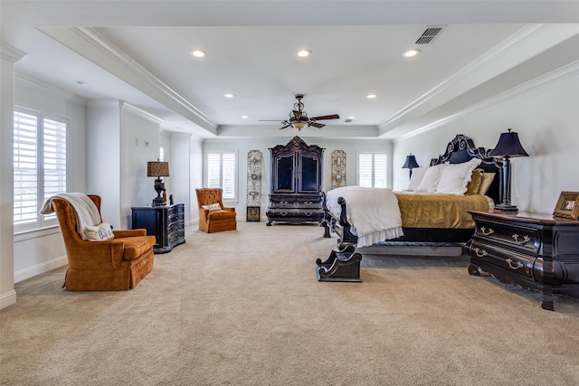 6100 Old Clarksville Rd, Reno, TX 75462 - carpeted bedroom with multiple windows, crown molding, a tray ceiling, and visible vents