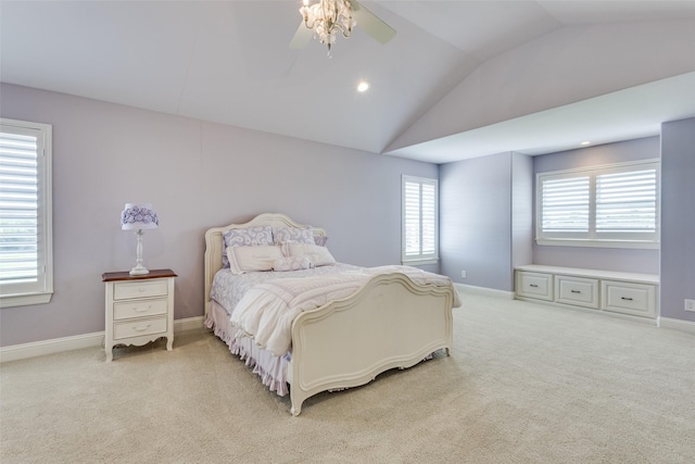 6100 Old Clarksville Rd, Reno, TX 75462 - bedroom with baseboards, vaulted ceiling, light colored carpet, and ceiling fan