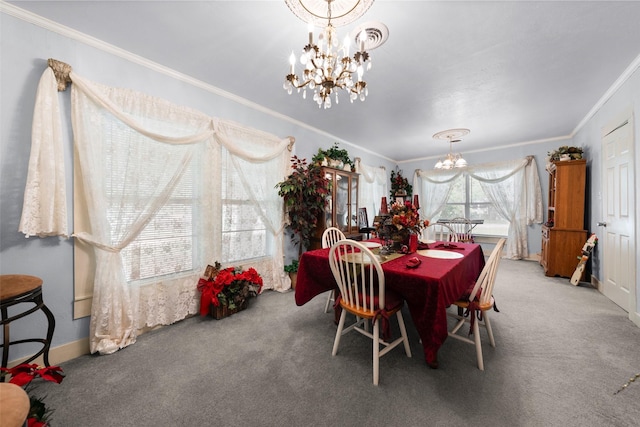 1302 E Mclennan Ave, Mart, TX 76664 - dining room with a chandelier, carpet flooring, ornamental molding, and baseboards