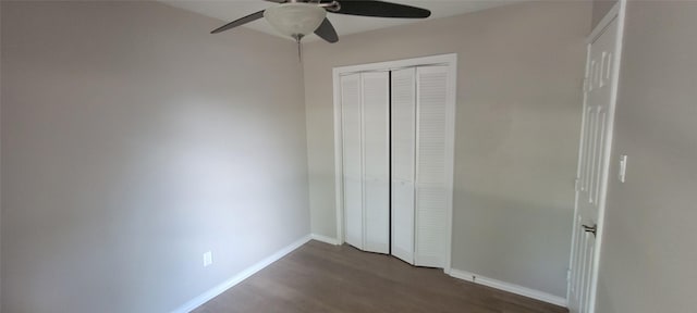 103 Lorie St, Alvarado, TX 76009 - unfurnished bedroom with a ceiling fan, baseboards, a closet, and dark wood-style flooring