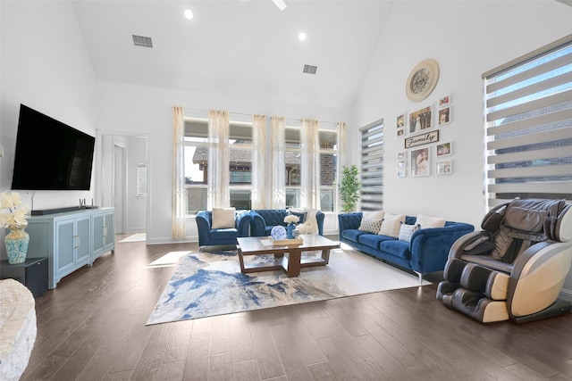 731 Drummond Dr, Prosper, TX 75078 - living area featuring high vaulted ceiling, wood finished floors, and recessed lighting