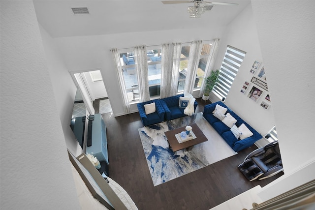 731 Drummond Dr, Prosper, TX 75078 - living room featuring visible vents, wood finished floors, and ceiling fan
