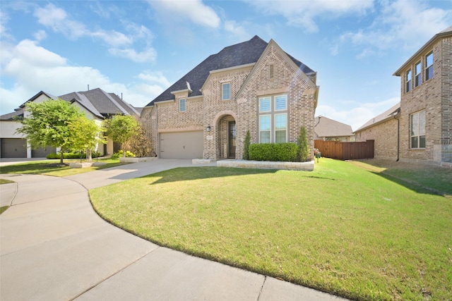 731 Drummond Dr, Prosper, TX 75078 - french country home with concrete driveway, fence, brick siding, a garage, and a front yard