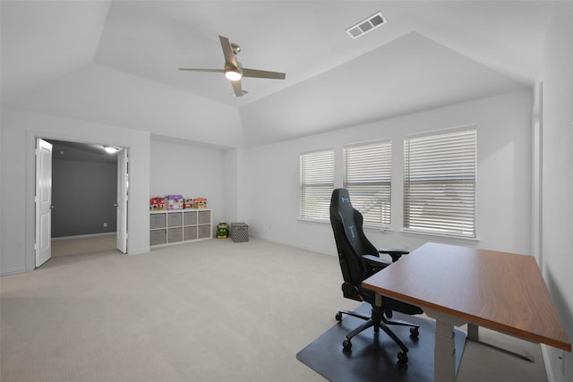 731 Drummond Dr, Prosper, TX 75078 - carpeted office space featuring baseboards, vaulted ceiling, visible vents, and ceiling fan