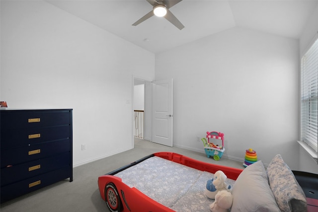 731 Drummond Dr, Prosper, TX 75078 - bedroom featuring carpet floors, lofted ceiling, baseboards, and a ceiling fan
