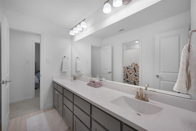 731 Drummond Dr, Prosper, TX 75078 - bathroom featuring double vanity, wood finished floors, visible vents, and a sink