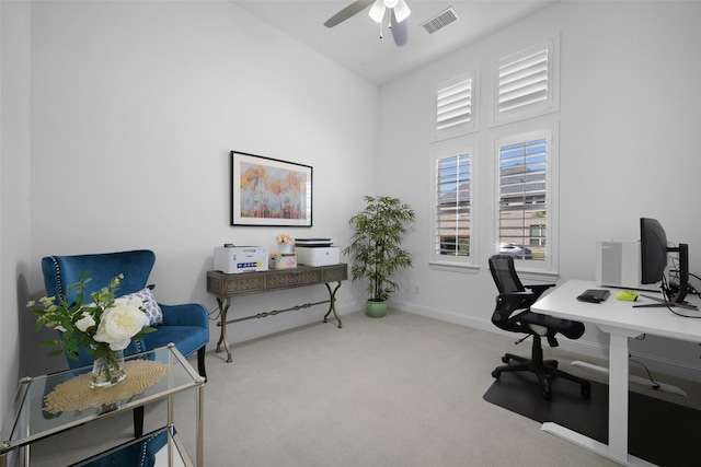 731 Drummond Dr, Prosper, TX 75078 - carpeted home office with baseboards, a ceiling fan, and visible vents