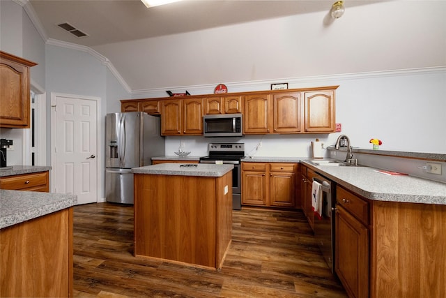 516 Hazelnut Ct, Saginaw, TX 76179 - kitchen with stainless steel appliances, a sink, crown molding, vaulted ceiling, and a kitchen island