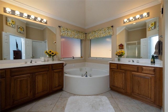 516 Hazelnut Ct, Saginaw, TX 76179 - full bath with a shower stall, two vanities, a bath, tile patterned floors, and ornamental molding