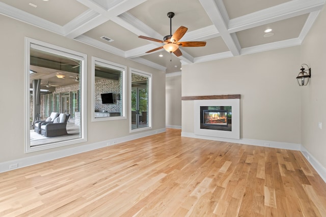 unfurnished living room with visible vents, a glass covered fireplace, wood finished floors, ceiling fan, and coffered ceiling