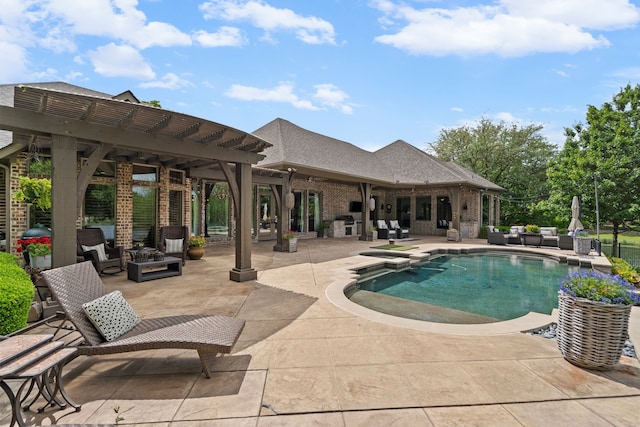 pool featuring an outdoor living space, a pergola, and a patio