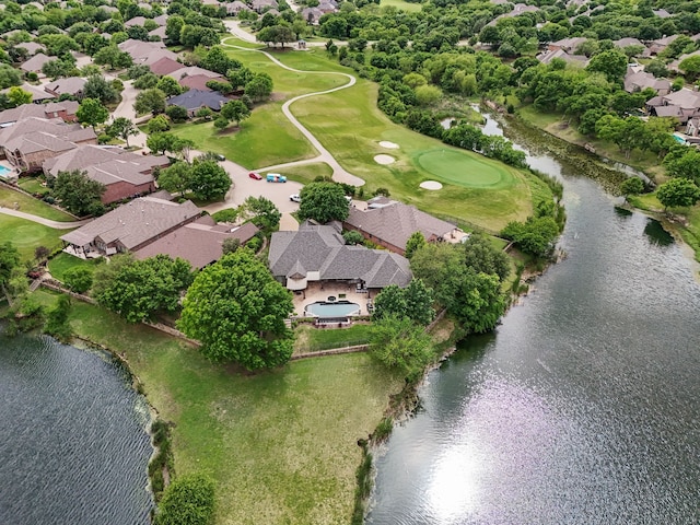 aerial view with a water view, view of golf course, and a residential view