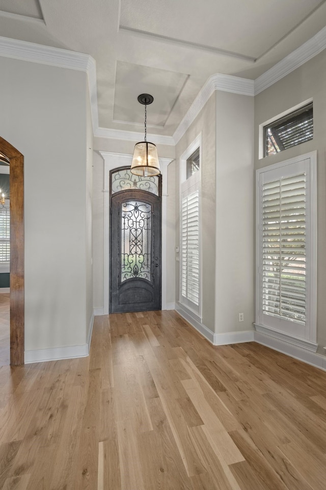 1005 Forest Lake Cir, Mckinney, TX 75072 - foyer entrance featuring light wood-style floors, healthy amount of natural light, crown molding, baseboards, and a raised ceiling