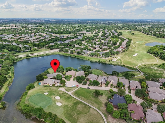 aerial view featuring a water view, golf course view, and a residential view