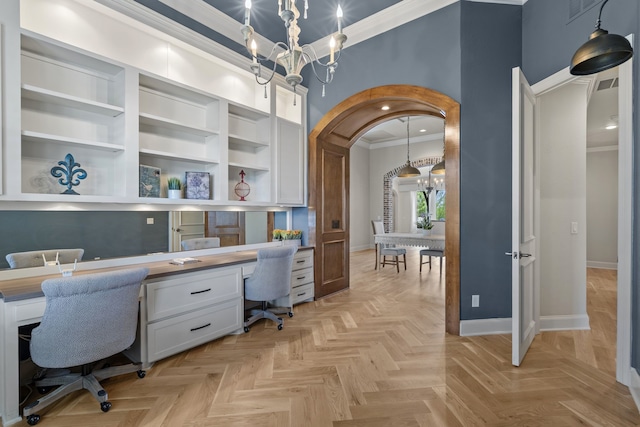 1005 Forest Lake Cir, Mckinney, TX 75072 - office space featuring built in study area, crown molding, a chandelier, baseboards, and arched walkways