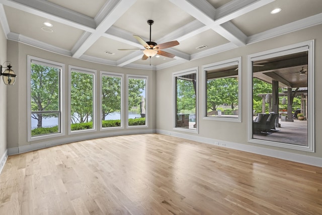 1005 Forest Lake Cir, Mckinney, TX 75072 - unfurnished room featuring a ceiling fan, baseboards, coffered ceiling, wood finished floors, and beamed ceiling