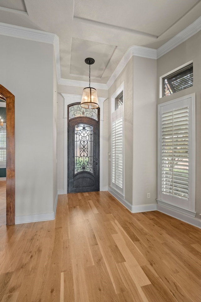 foyer with light wood-type flooring, baseboards, and a healthy amount of sunlight