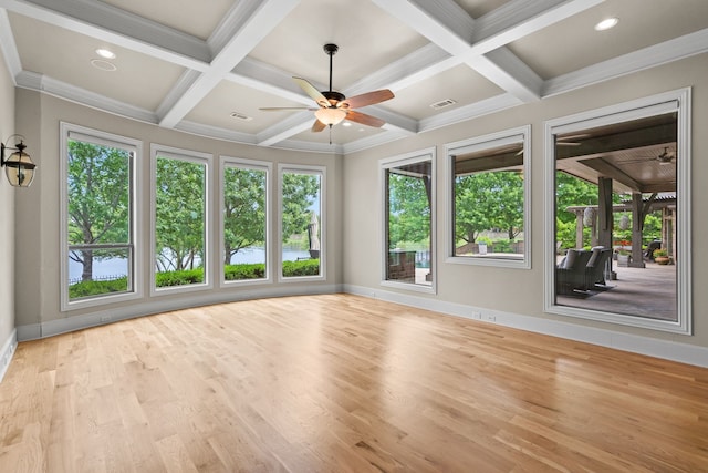 unfurnished sunroom with baseboards, coffered ceiling, wood finished floors, and visible vents