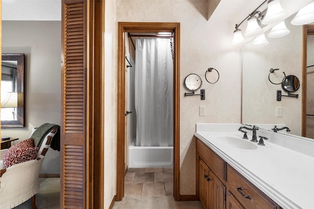 full bathroom with shower / bath combination with curtain and vanity