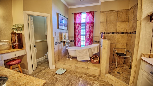 bathroom featuring toilet, vanity, a soaking tub, crown molding, and walk in shower
