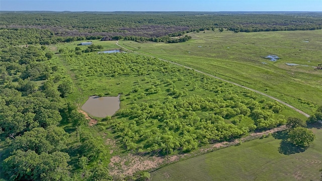 birds eye view of property featuring a wooded view and a water view