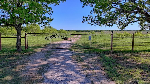 view of street featuring a gate, a rural view, and a gated entry