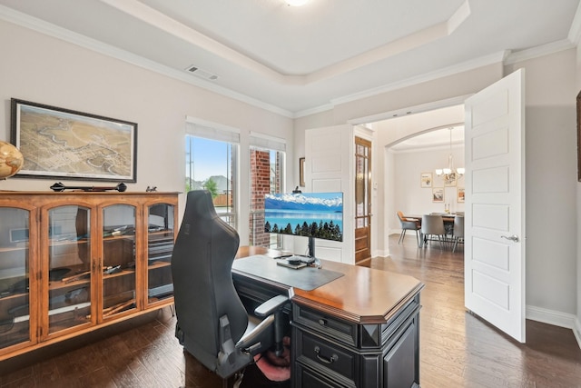13002 Clarendon Dr, Frisco, TX 75035 - office area with a notable chandelier, a tray ceiling, baseboards, dark wood finished floors, and visible vents