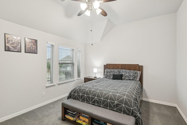 13002 Clarendon Dr, Frisco, TX 75035 - bedroom with dark colored carpet, baseboards, lofted ceiling, and ceiling fan