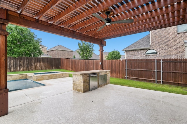 13002 Clarendon Dr, Frisco, TX 75035 - view of patio featuring an in ground hot tub, a pergola, area for grilling, ceiling fan, and a fenced backyard