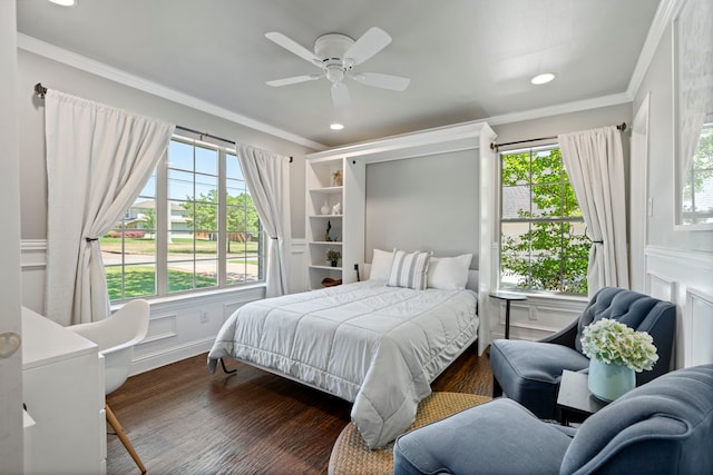 6726 Williamson Rd, Dallas, TX 75214 - bedroom with crown molding, wood finished floors, recessed lighting, a ceiling fan, and baseboards