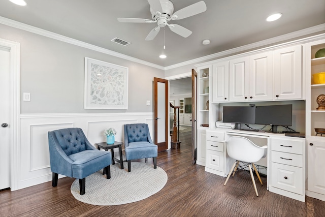 6726 Williamson Rd, Dallas, TX 75214 - home office featuring ornamental molding, dark wood-style floors, a ceiling fan, wainscoting, and built in study area