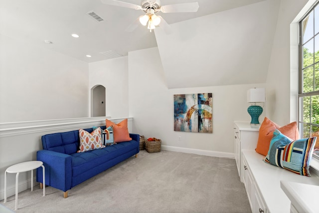 6726 Williamson Rd, Dallas, TX 75214 - living area featuring light carpet, a ceiling fan, baseboards, recessed lighting, and arched walkways