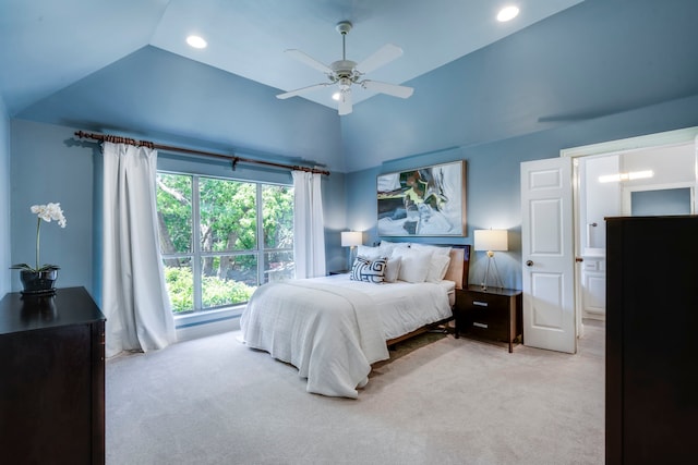 6726 Williamson Rd, Dallas, TX 75214 - bedroom featuring lofted ceiling, light colored carpet, ceiling fan, and recessed lighting