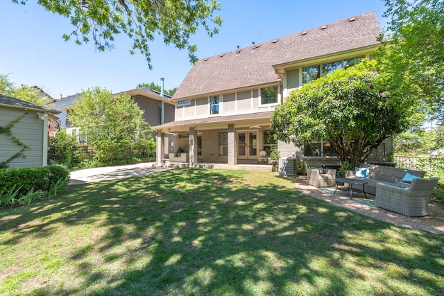 6726 Williamson Rd, Dallas, TX 75214 - rear view of house with a patio area, an outdoor living space, roof with shingles, central air condition unit, and stucco siding