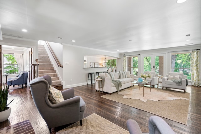 6726 Williamson Rd, Dallas, TX 75214 - living room featuring stairs, baseboards, crown molding, recessed lighting, and french doors