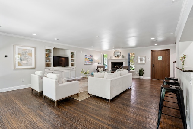 6726 Williamson Rd, Dallas, TX 75214 - living room featuring a fireplace, recessed lighting, baseboards, dark wood-style floors, and built in shelves