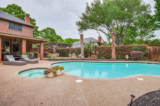 view of pool with a pergola, a fenced backyard, a fenced in pool, and a patio area
