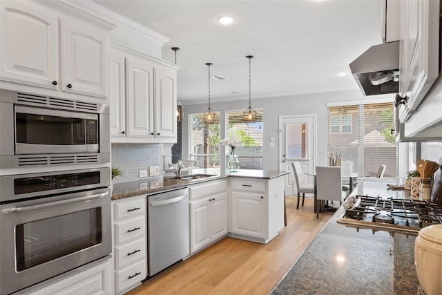 kitchen with crown molding, wall chimney exhaust hood, white cabinetry, a sink, and stainless steel appliances