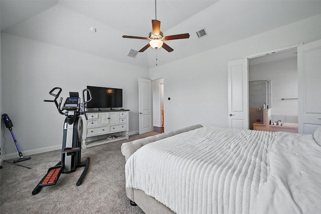 bedroom featuring baseboards, a ceiling fan, visible vents, and carpet