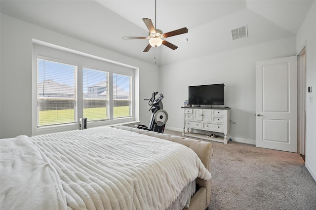 bedroom with carpet flooring, baseboards, visible vents, lofted ceiling, and ceiling fan