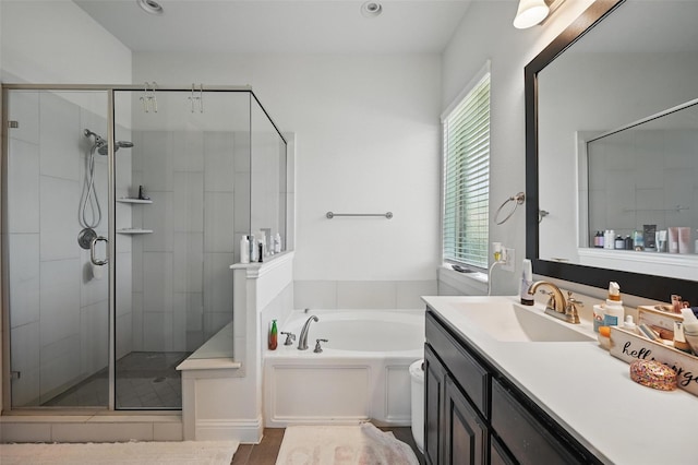 full bathroom with a garden tub, vanity, recessed lighting, and a stall shower