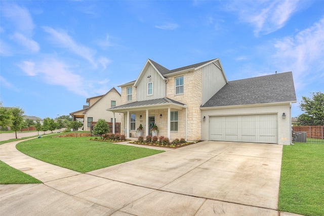 view of front of house featuring driveway, covered porch, fence, a garage, and board and batten siding