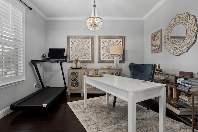 office space featuring baseboards, dark wood-style floors, an inviting chandelier, and ornamental molding