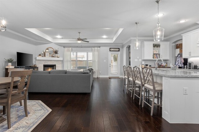 living area featuring crown molding, a tray ceiling, and a fireplace